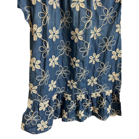 eci NY Embroider Denim Blue Jean Mini Dress Size 10 Round Neck Ruffled Cute - Picture 7 of 10